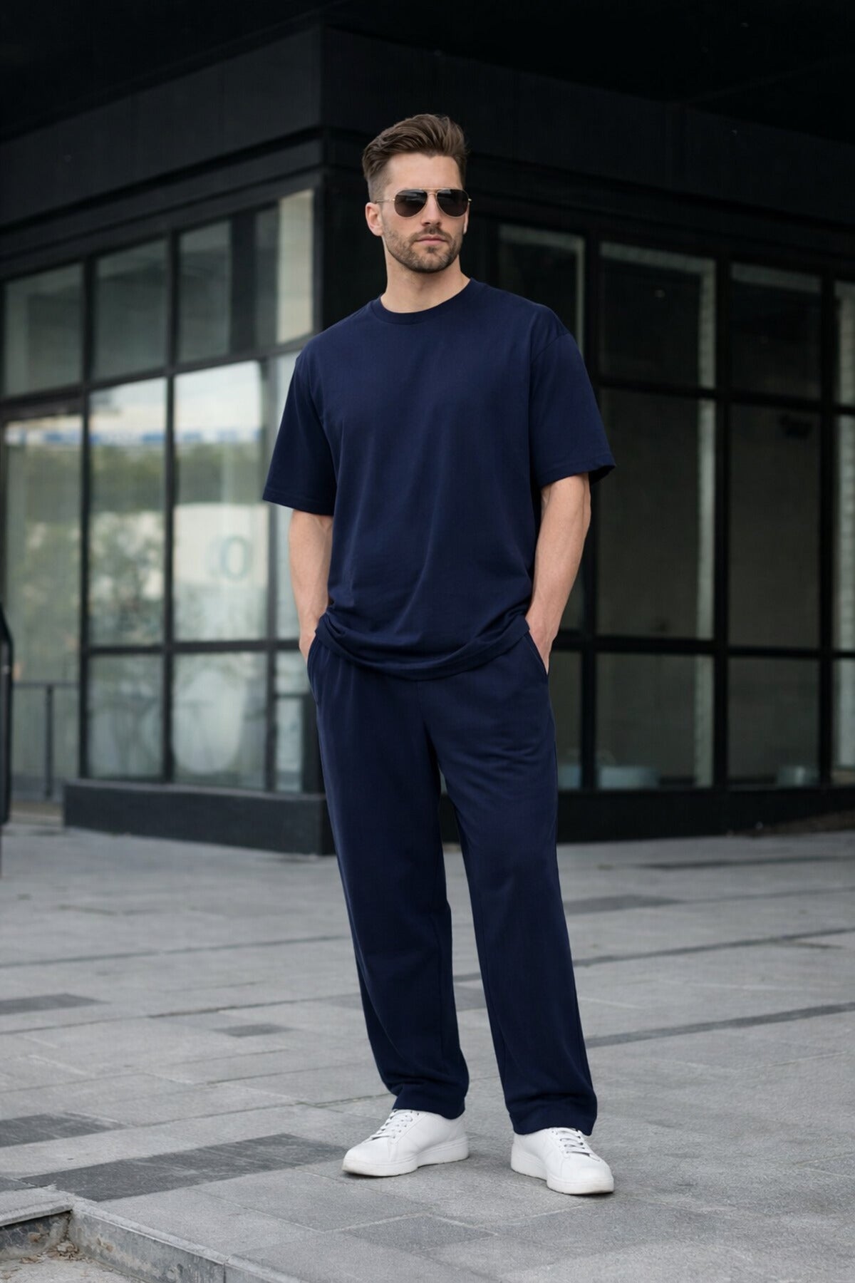 Erkek Basic Oversize Takım Kısa Kollu Penye Konforlu Kombin - Lacivert - 3