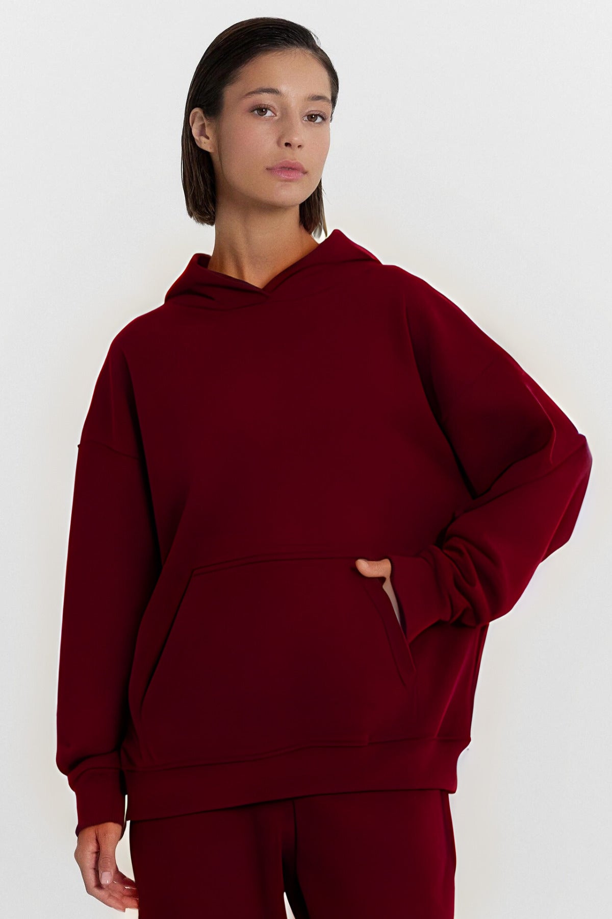 Kadın Baskısız Düz İ̇çi Şardonlu Kalın Kışlık Sweatshirt - Bordo - 1