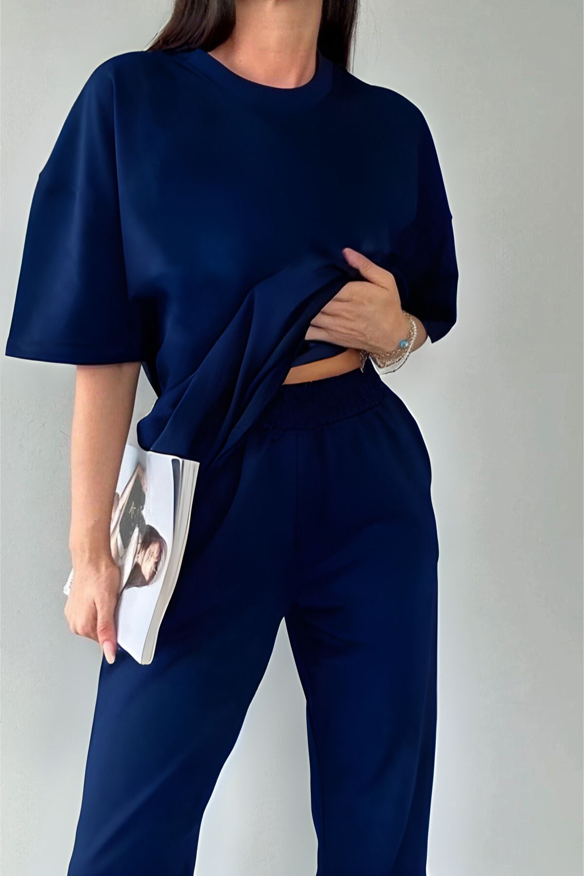 Kadın Kısa Kollu Penye Pijama Takımı Oversize Bisiklet Yaka - Lacivert - 1