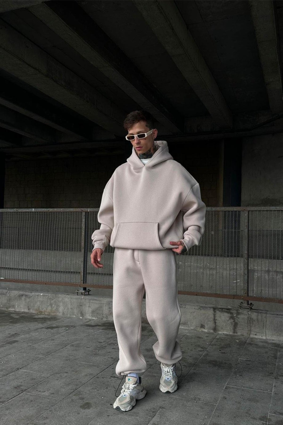 Unisex Krem Şardonlu Eşofman Takımı - Bej - 1