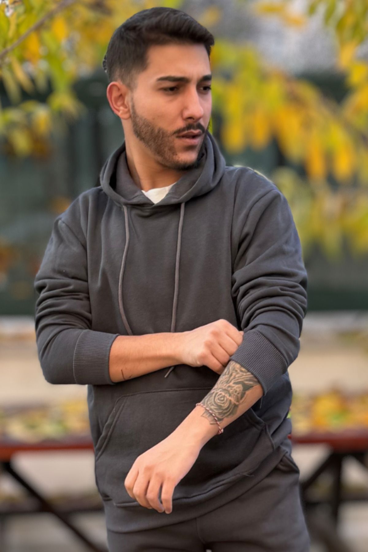 Erkek Kapşonlu Kanguru Cepli̇ 3 İ̇pli̇k Oversi̇ze Sweatshi̇rt - Füme - 1