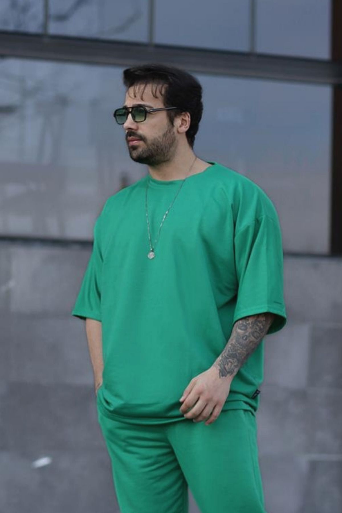 Erkek Oversize Pamuklu Nefes Alan T-shirt - Yeşil - 3