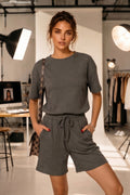Kadin Salaş Yumuşak Dokulu Fi̇ti̇llli̇ Modern Kesi̇m Konfor Odakli Basic T-shirt/şort İ̇ki̇li̇ Takim - Füme - 1