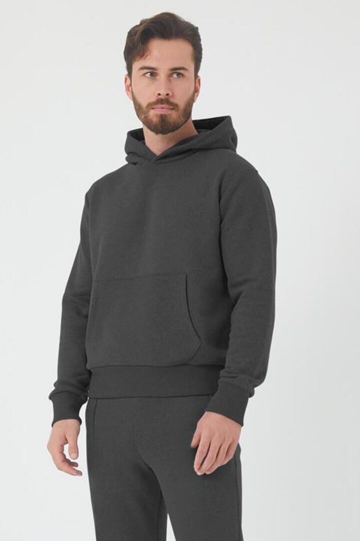 Erkek Trend Model Kanguru Cep Sweatshirt - Füme - 1