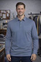 Erkek Premium Kumaş Erkek Gömlek Yaka Uzun Kollu Tişört - Duman Mavisi - 1