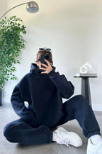 Kadın Oversize Trend Model Kanguru Cep Kapşonlu Sweatshirt Eşofman Takımı - Lacivert - 3