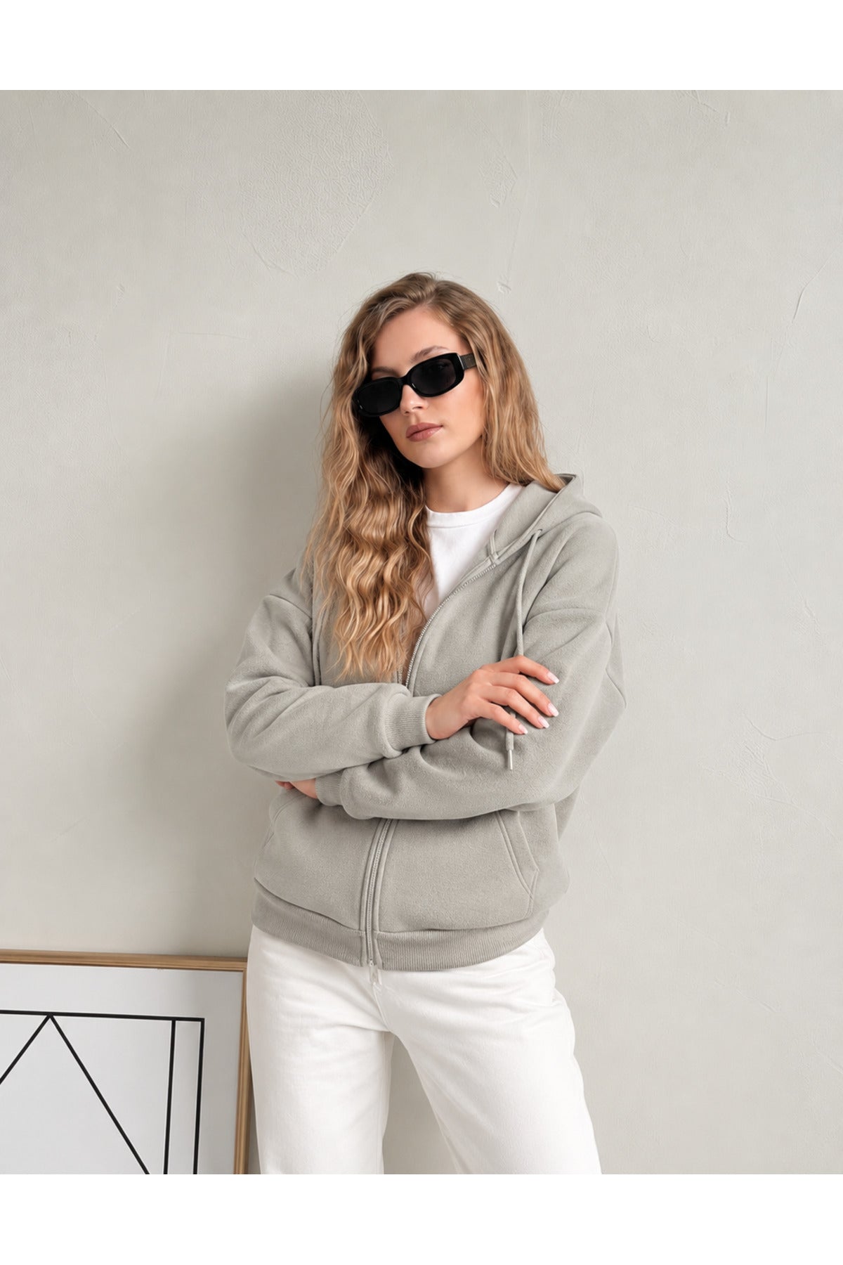 Kadin 3 İ̇pli̇k Kapüşonlu Fermuarli Oversi̇ze Sweatshirt Hirka - Gri - 1