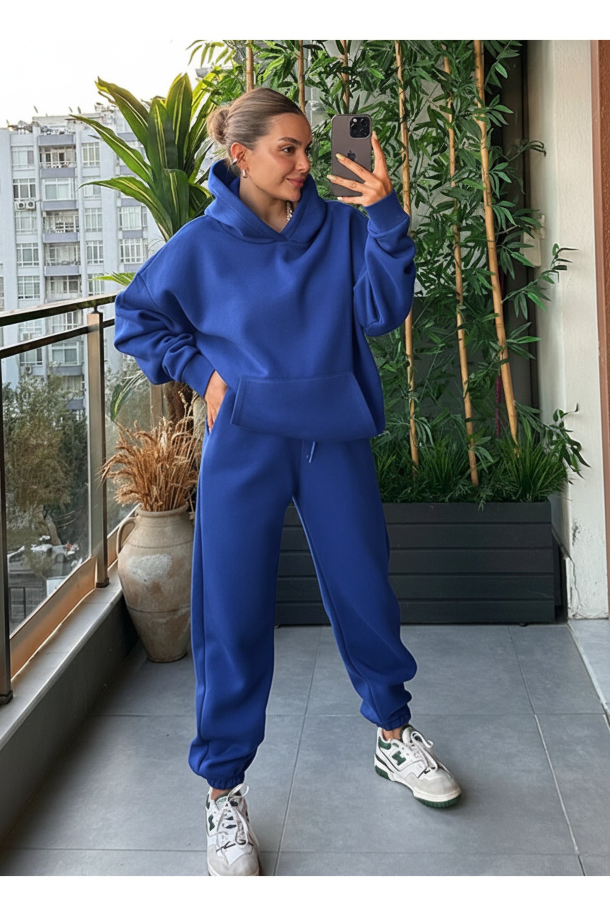 Kadin Kalin Comfort Sweatshi̇rt Yüksek Bel Eşofman Takimi - Saks Mavi - 1