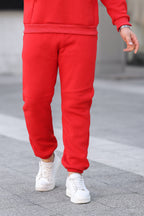 Erkek Bol Kesim Oversize 3 İ̇plik İ̇çi Pamuklu Şardonlu Lastikli Paça Jogger Kışlık Eşofman Altı - Kırmızı - 1