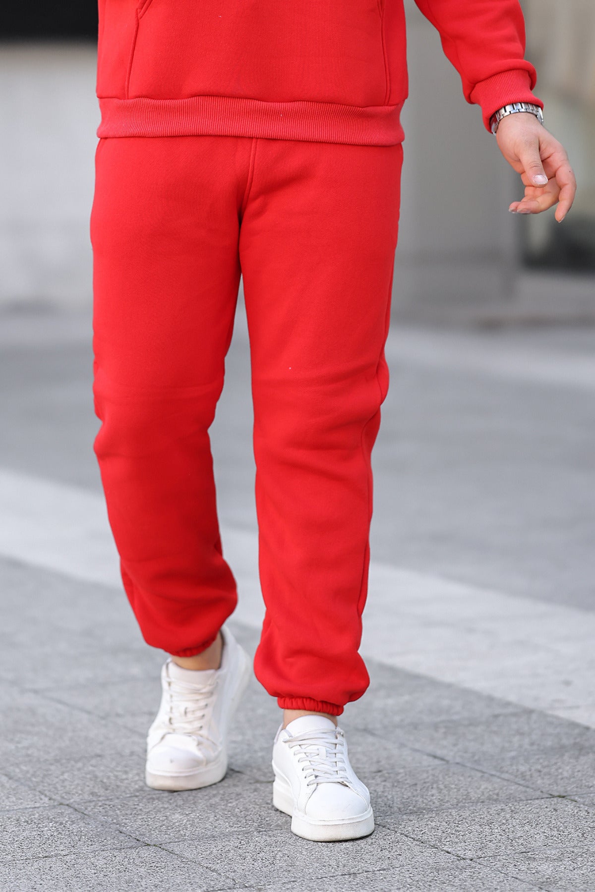 Erkek Bol Kesim Oversize 3 İ̇plik İ̇çi Pamuklu Şardonlu Lastikli Paça Jogger Kışlık Eşofman Altı - Kırmızı - 1
