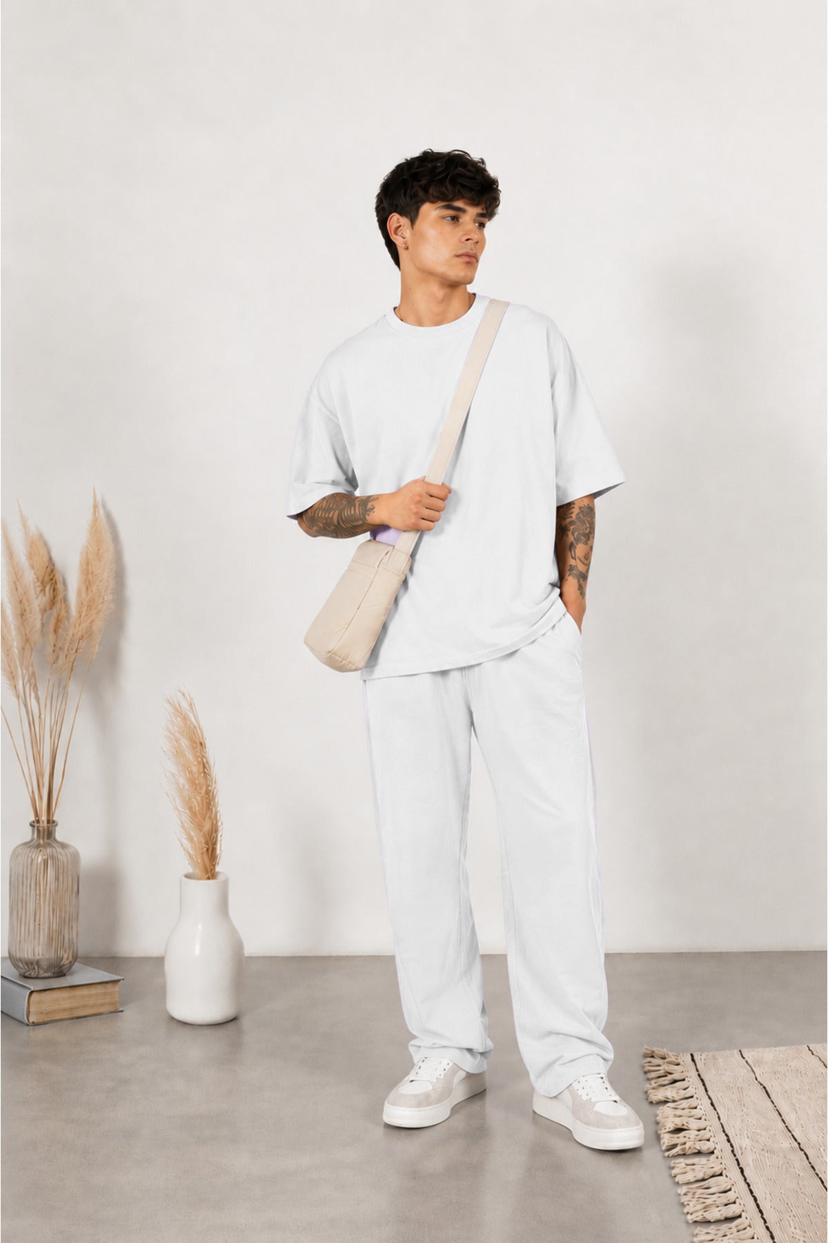 Erkek Yeni Sezon Oversize Premium Tişört Pantolon Kombin - Beyaz - 1