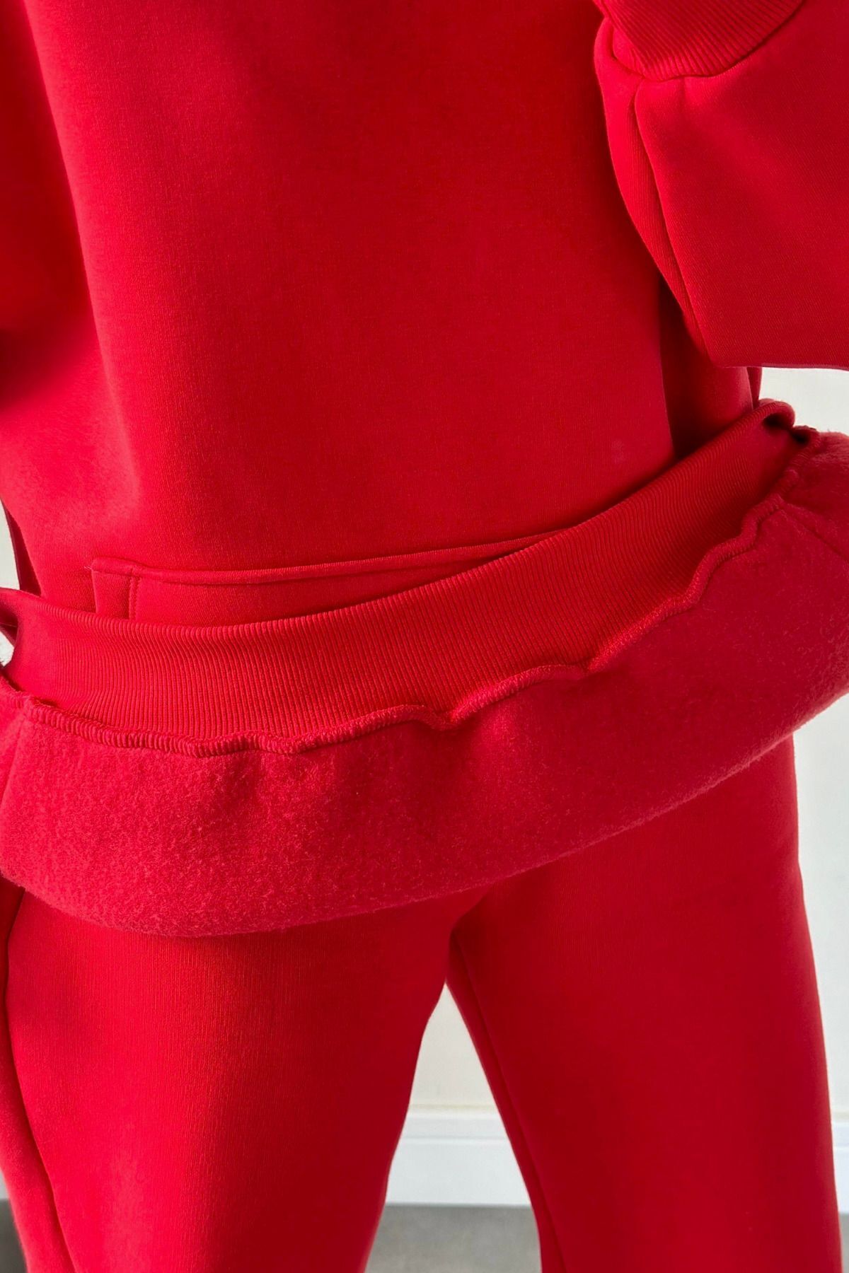 Kadın Oversize Trend Model Kanguru Cep Kapşonlu Sweatshirt Eşofman Takımı - Canlı Kırmızı - 5