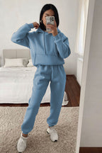 Kadın Oversize 3 İ̇plik İ̇çi Pamuklu Kalın Kapşonlu Kanguru Cep Paçası Lastikli Eşofman Takımı - Bebe Mavisi - 1