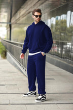 Erkek Hoodie Bol Paça Baggy Salaş Kapşonlu Rahat Kesim Eşofman Takımı - Lacivert - 2