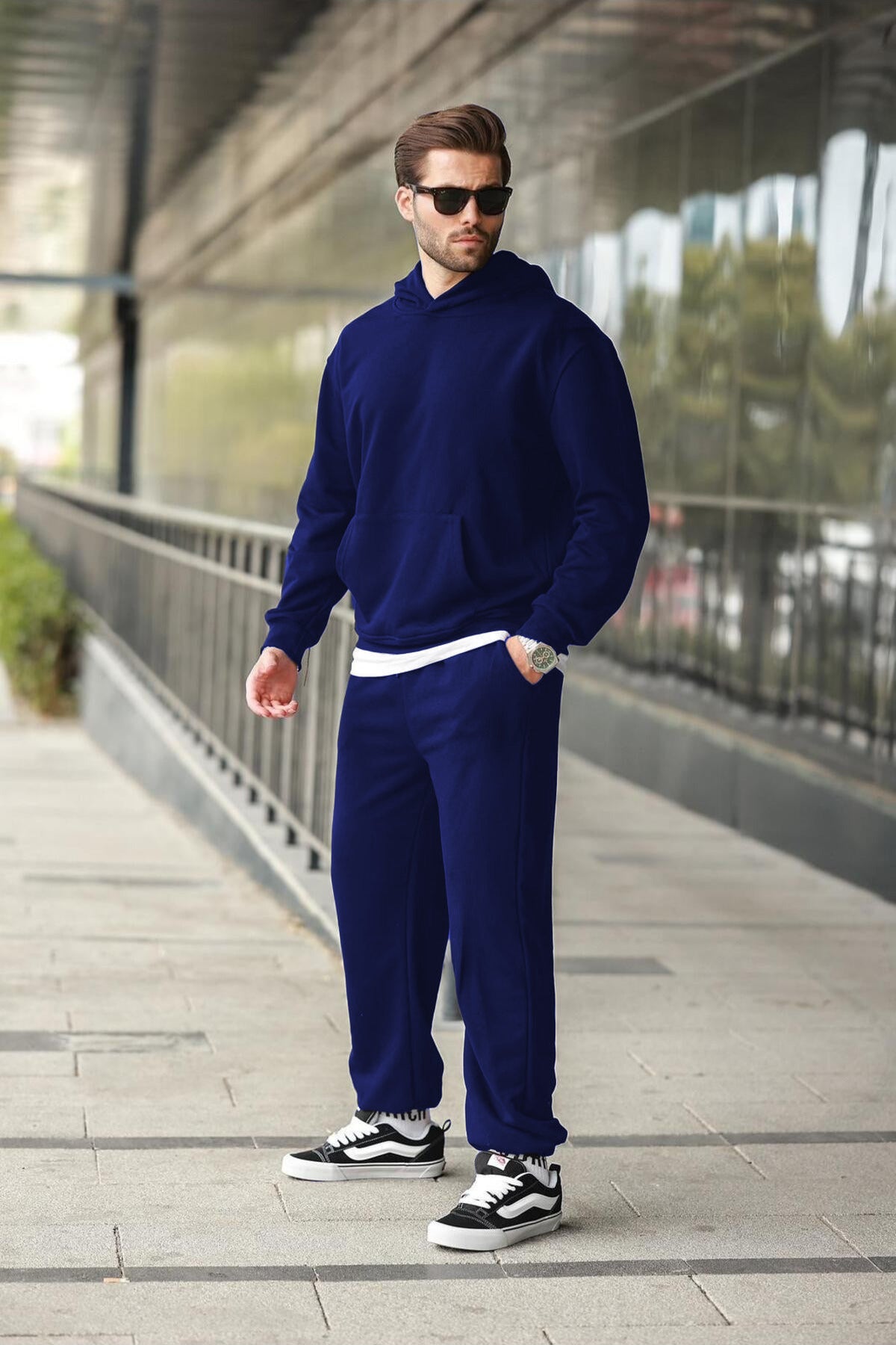 Erkek Hoodie Bol Paça Baggy Salaş Kapşonlu Rahat Kesim Eşofman Takımı - Lacivert - 2