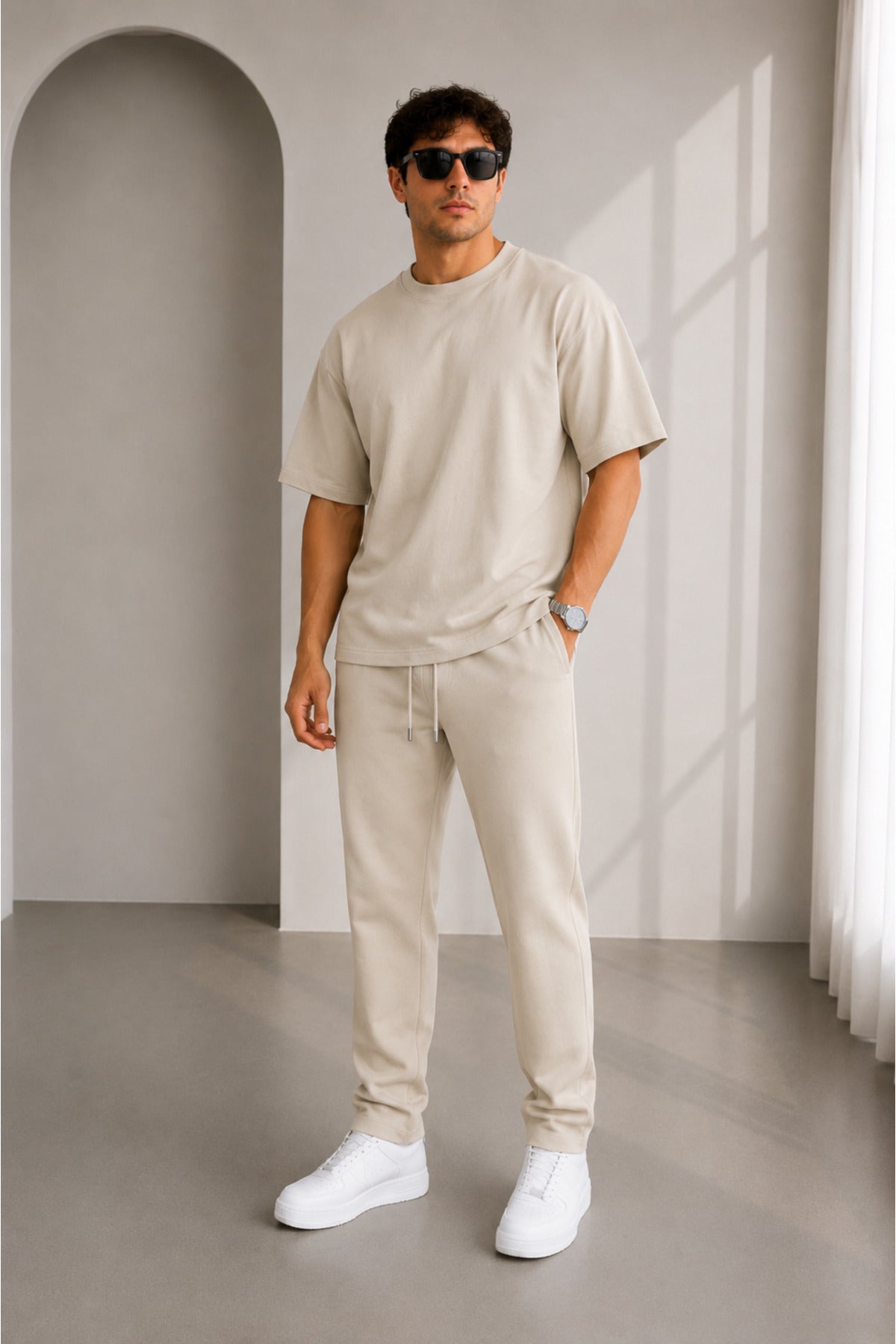 Erkek Oversize Basic İ̇kili Takım Bisiklet Yaka Rahat Kalıp Günlük Eşofman Takımı - Bej - 1