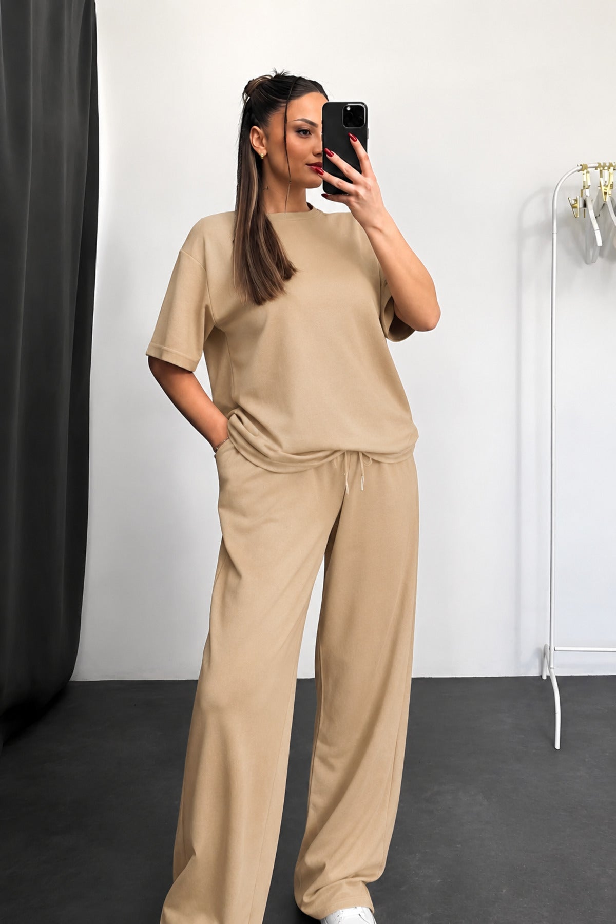 Kadın Kısa Kollu Oversize Süper Yüksek Bel Esnek Bisiklet Yaka Eşofman Takımı - Vizon - 1