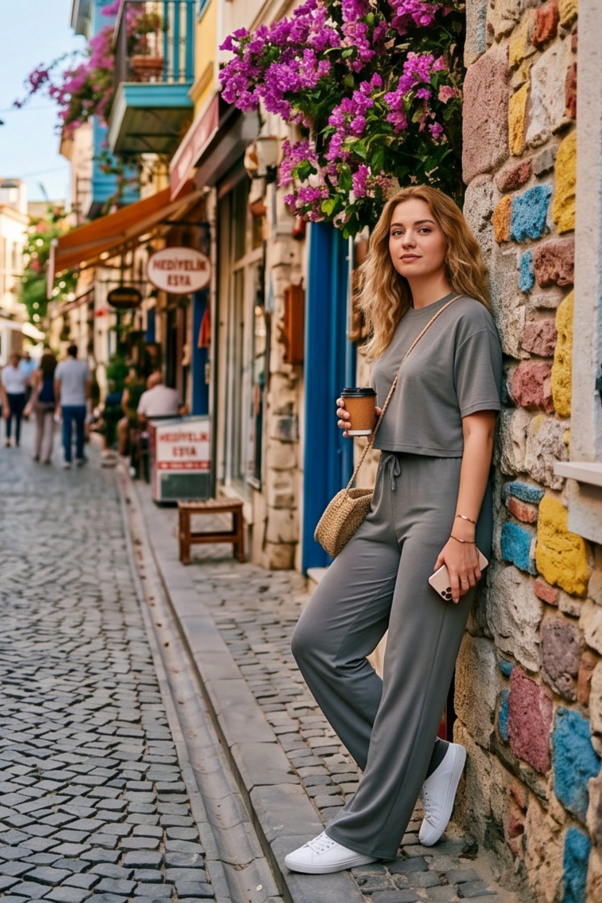 Kadin Yeni̇ Sezon Trend Kisa Kollu Li̇krali Süper Yüksek Bel Bol Paça Basic Beli̇ Bağlamali Yazlik Günlük Kullanima Uygun Alt-üst Takim - Füme - 2