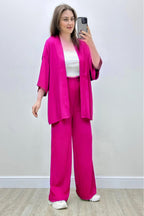 Kadın Pembe Salaş Dökümlü Bürümcük Palazzo Yazlık Kimono Takım - Pembe - 1