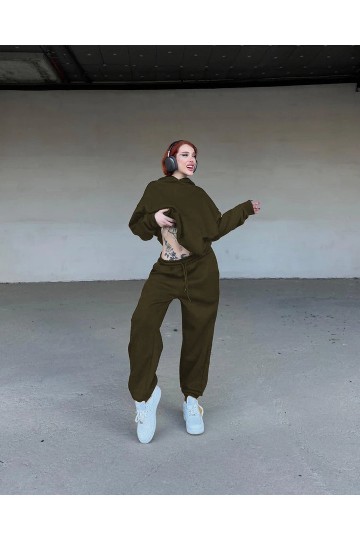 Kadın Oversize Spor Ve Günlük Jogger Paçası Lastikli Eşofman Takımı - Haki - 2