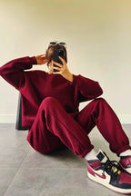 Kadın Bisiklet Yaka Şık Premium Model Basic Eşofman Takımı - Bordo - 1