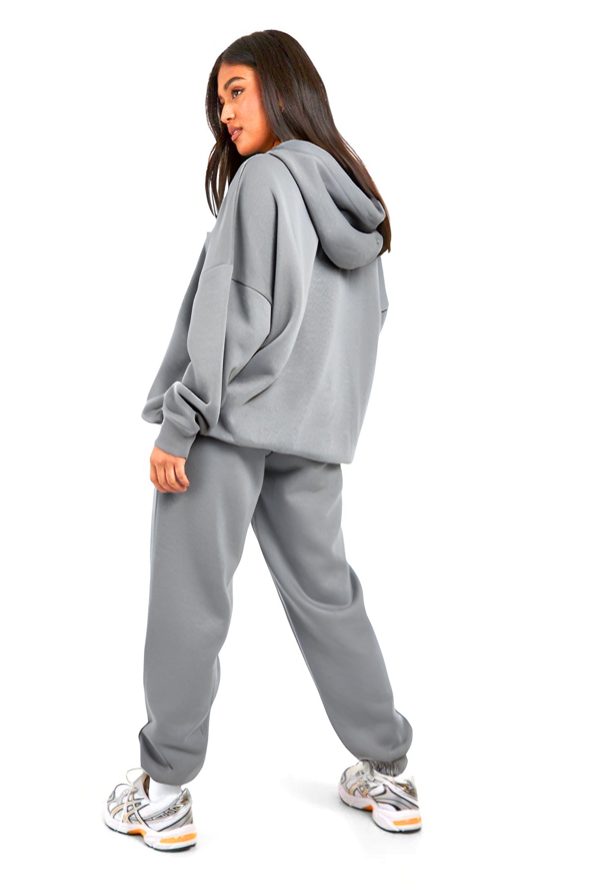 Kadın 3 İ̇plik Kanguru Cep Kapşonlu Hoodie Paçası Lastikli Kalın Eşofman Takımı - Gri - 3