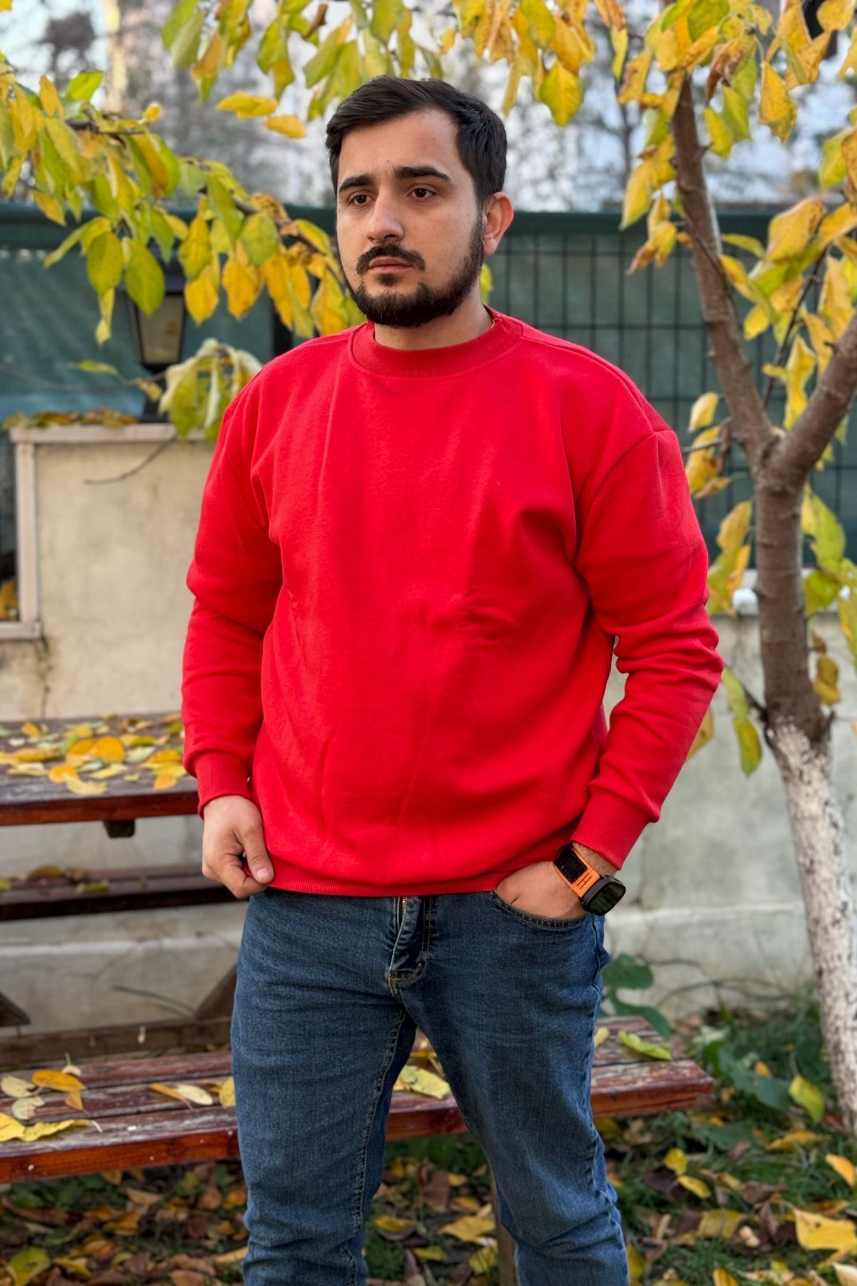 Erkek Kırmızı Bisiklet Yaka İçi Polarlı 3 İplik Pamuklu Regular Fit Unisex Sweatshirt - Kırmızı - 6