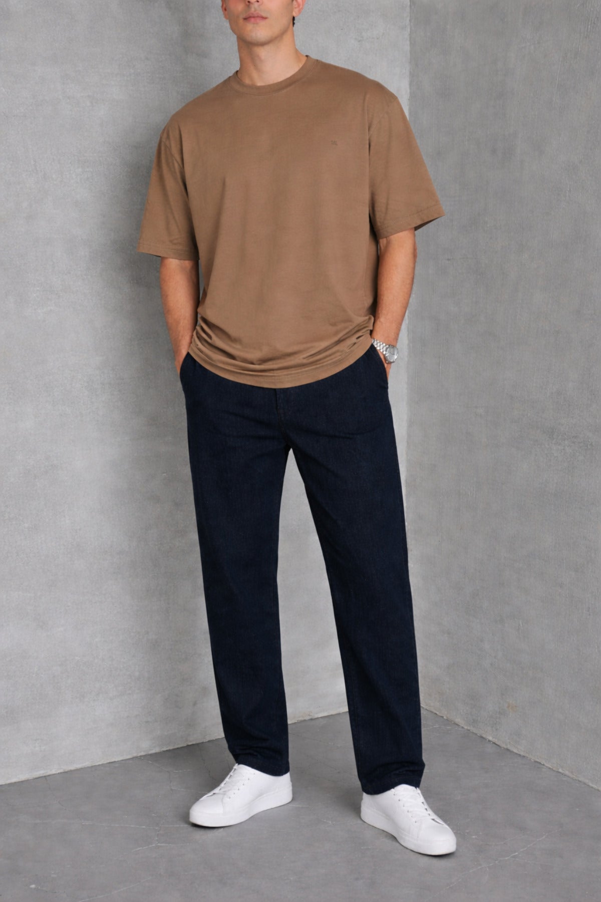 Erkek Siyah Basic Oversize Tişört Rahat Kalıp Düz Minimal Pamuklu Günlük T-shirt - Kahverengi - 3