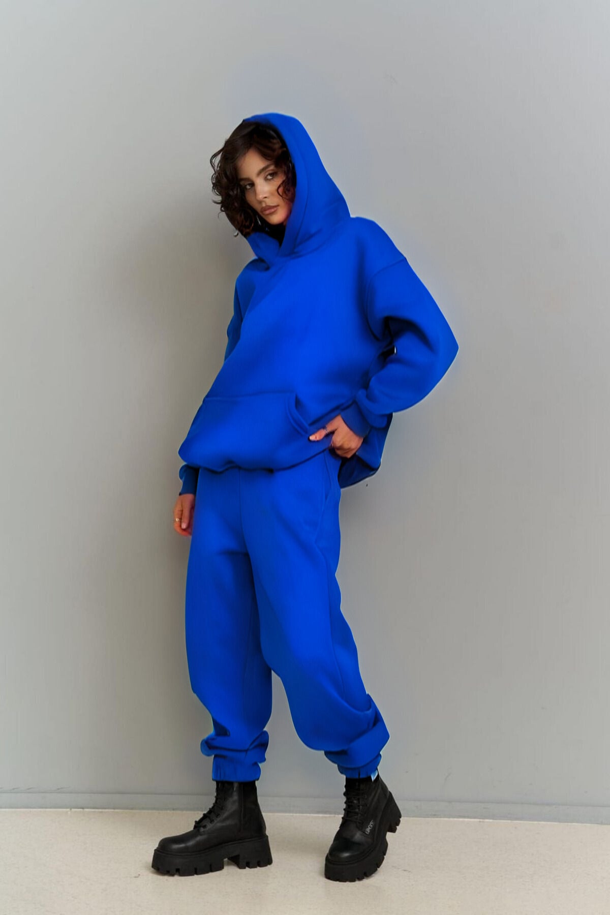 Kadın Eşofman Takımı Sweatshirt Jogger Oversize Şardonlu Kapüşonlu - Saks Mavisi - 5