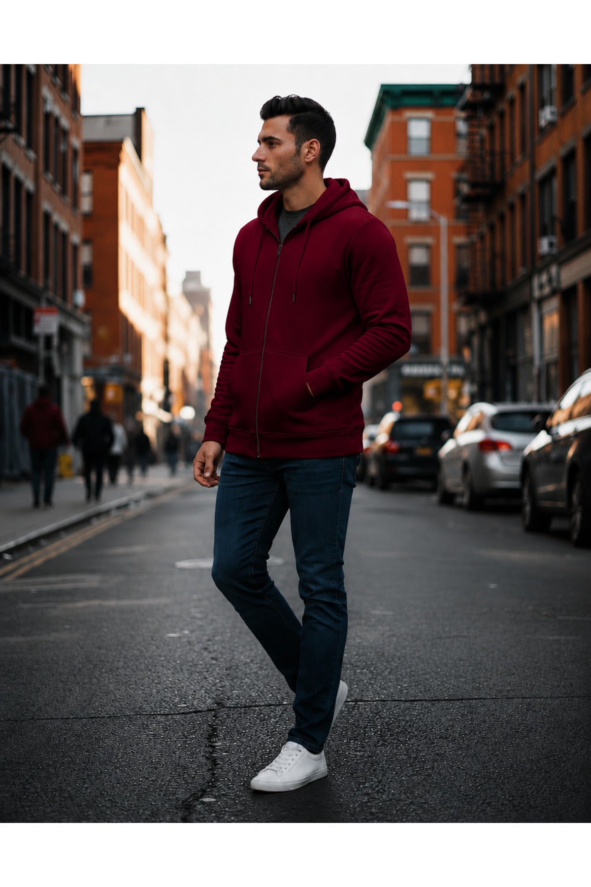 Erkek 3 İ̇pli̇k Şardonlu Oversi̇ze Fermuarli Sweatshirt Hirka - Bordo - 3