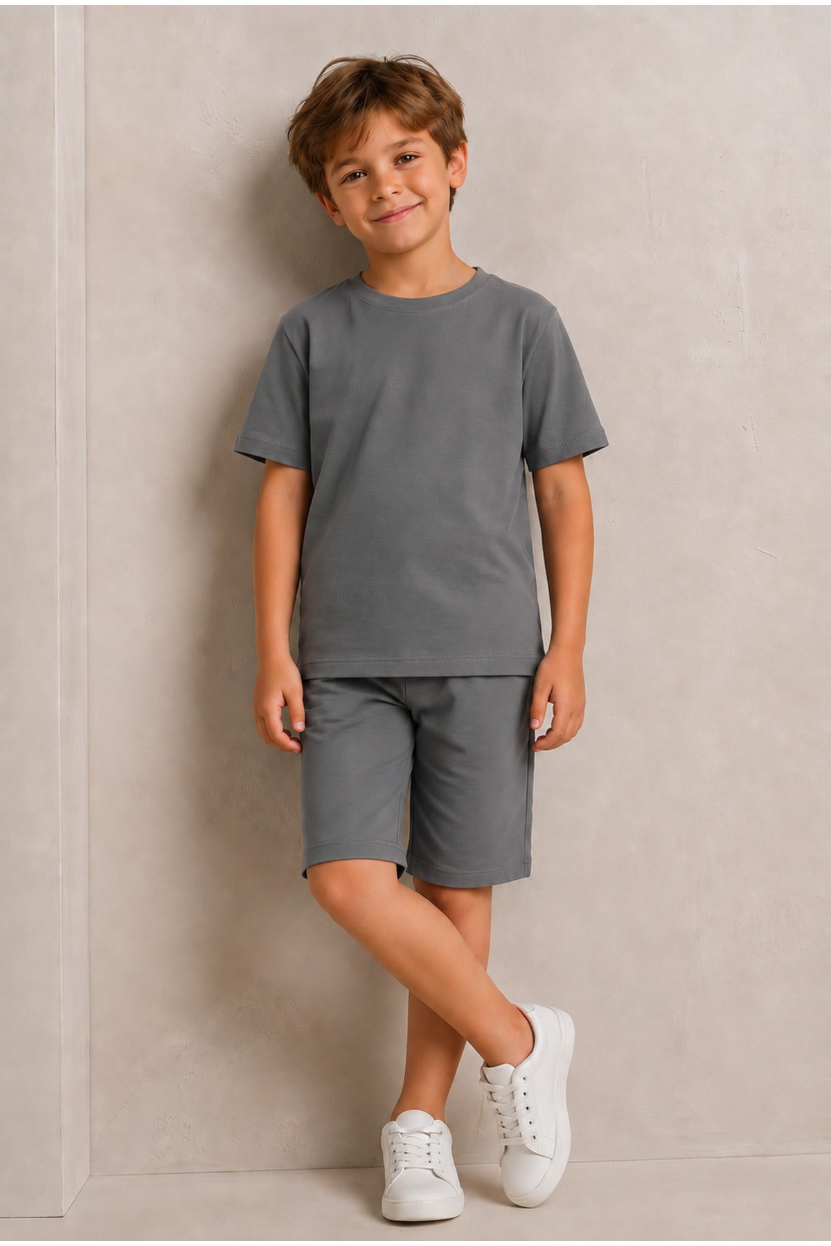 Çocuk Kısa Kollu Baskısız Basic Oversıze Geniş Kalıp Beli Bağlamalı Esnek 1-10 Yaş Arası Yaz Sezonu Sportif T-shirt / Şort Takım - Füme - 6