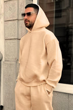 Erkek Düz Spor Ve Günlük Kapşonlu Hoodie Sweatshirt - Vizon - 1