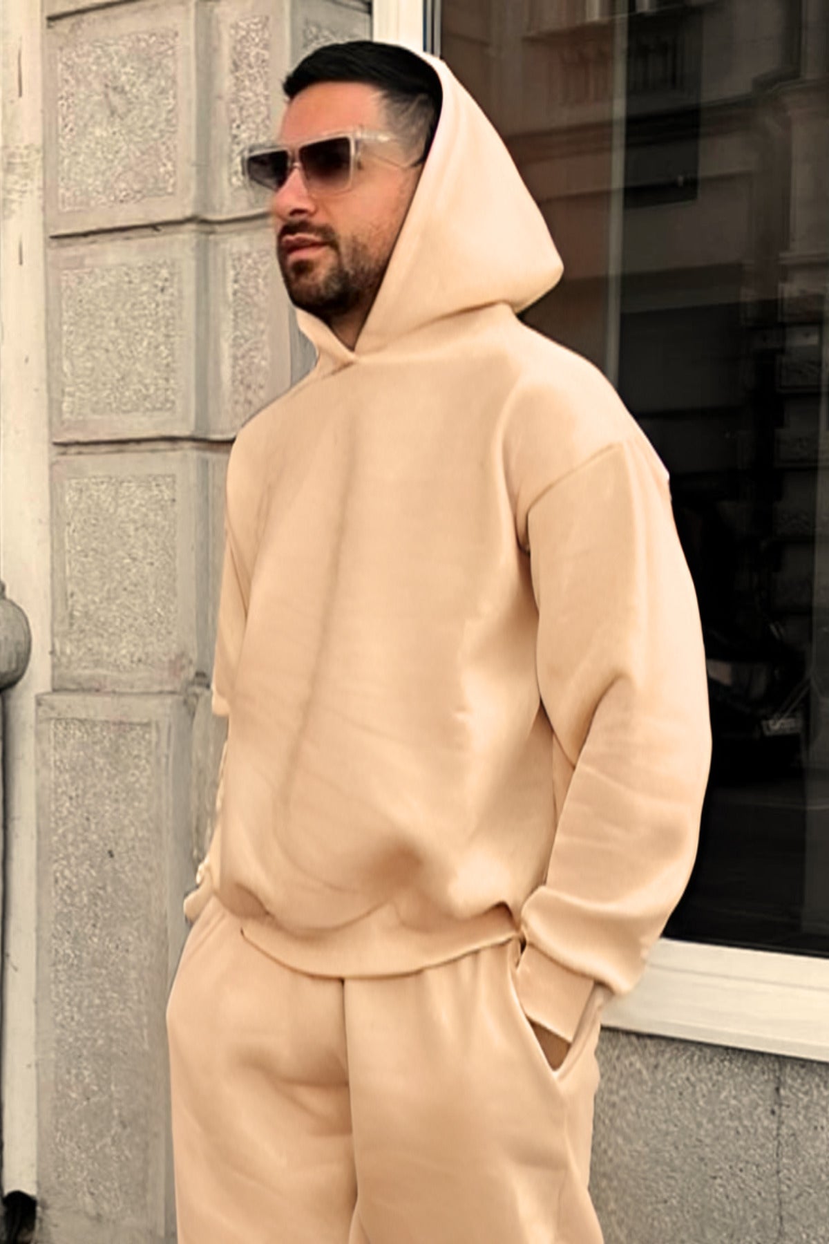Erkek Düz Spor Ve Günlük Kapşonlu Hoodie Sweatshirt - Vizon - 1
