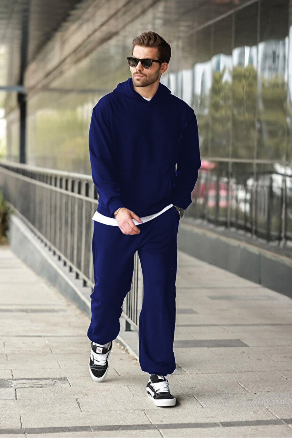 Erkek Hoodie Bol Paça Baggy Salaş Kapşonlu Rahat Kesim Eşofman Takımı - Lacivert - 3