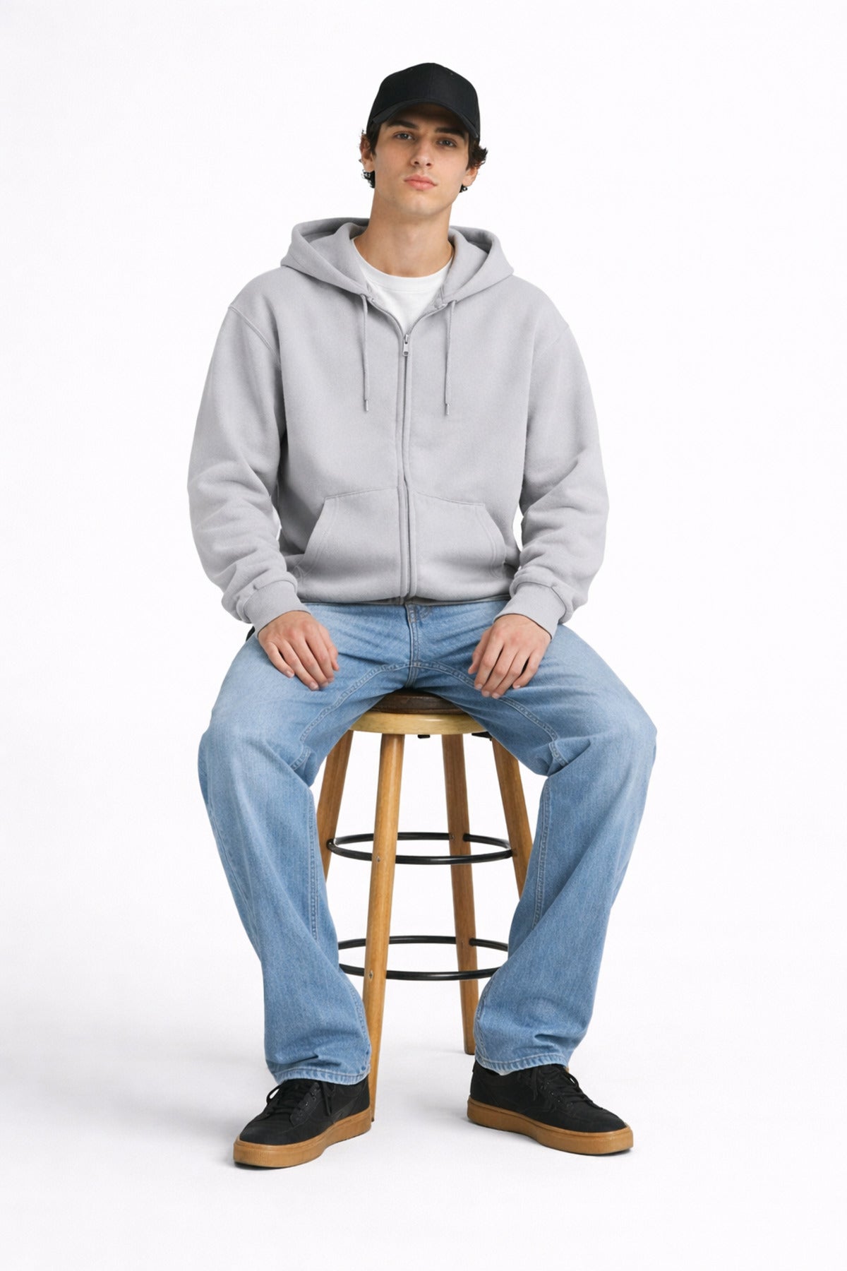 Erkek Oversize Bol Kapşonul Cepli Hoodie Hırka - Gri - 1