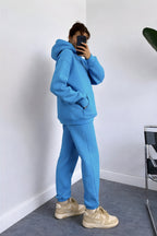 Kadın Oversize Trend Model Kanguru Cep Kapşonlu Sweatshirt Eşofman Takımı - Turkuaz - 3