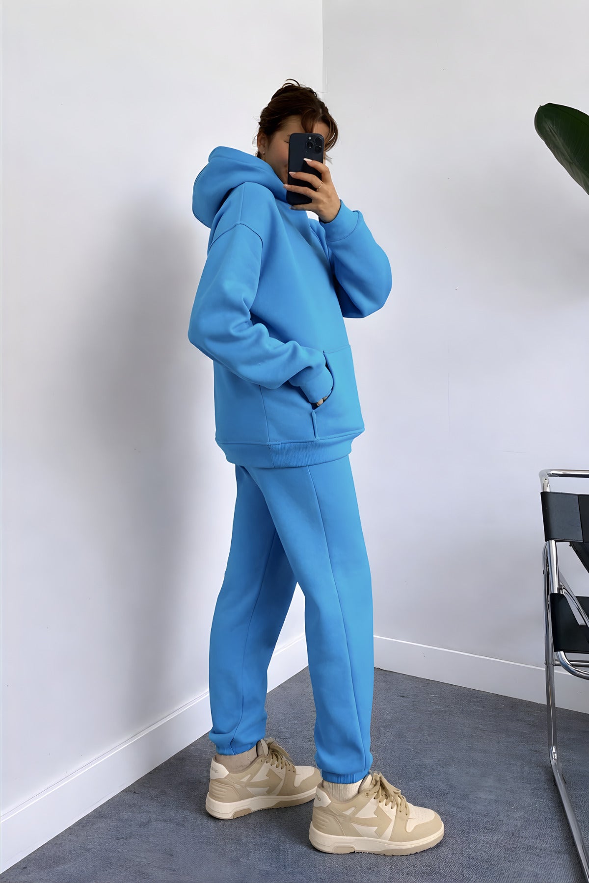 Kadın Oversize Trend Model Kanguru Cep Kapşonlu Sweatshirt Eşofman Takımı - Turkuaz - 3