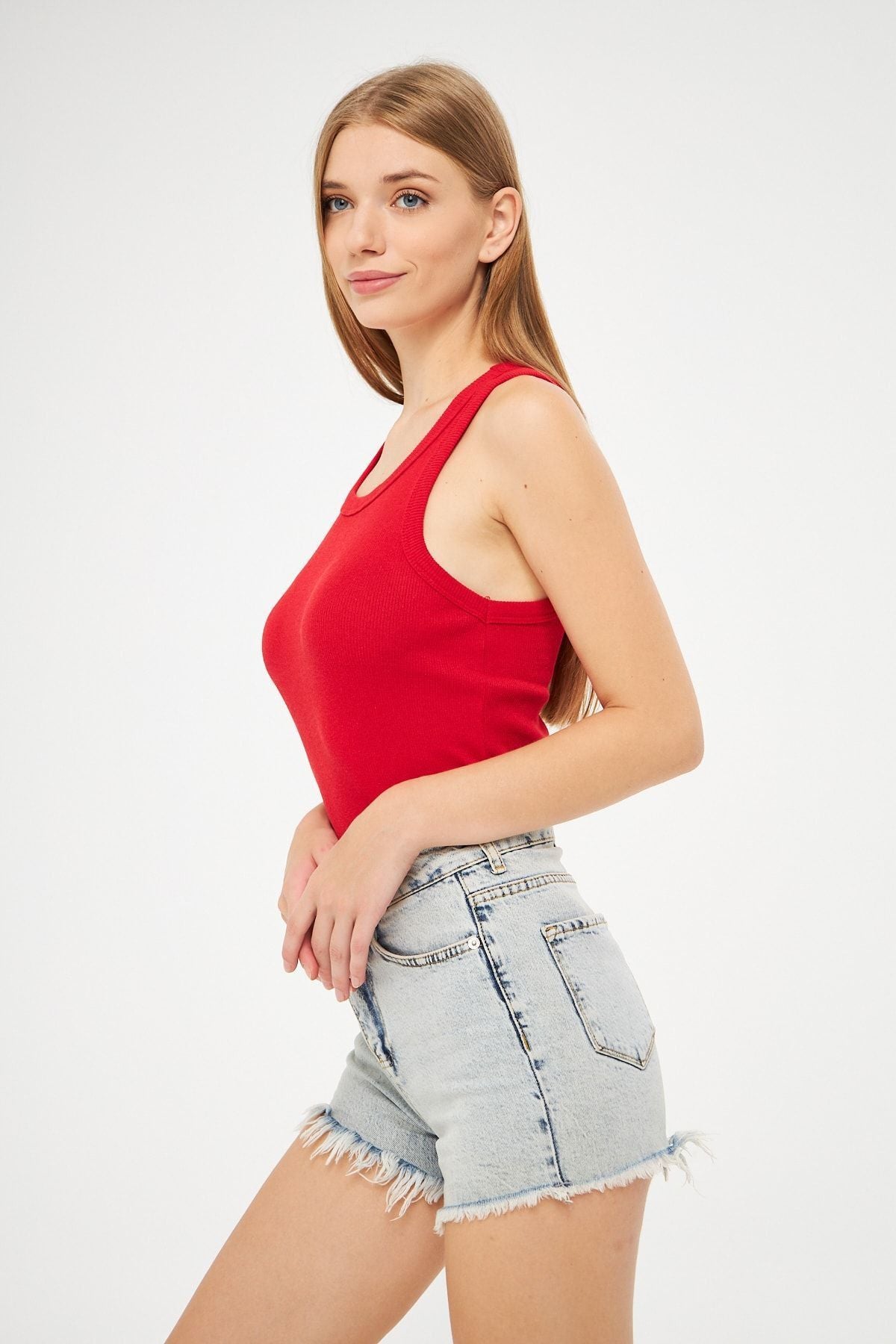 Kadın Kirmizi Fitilli Basic Örme Askılı Trend Spor Atlet - Kırmızı - 2