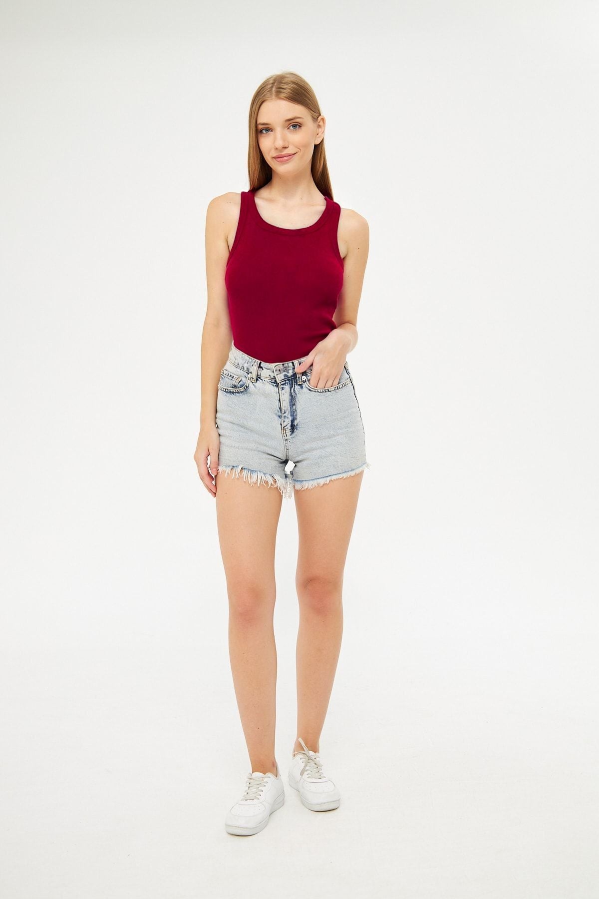 Kadın Bordo Fitilli Basic Örme Askılı Trend Spor Atlet - Bordo - 2