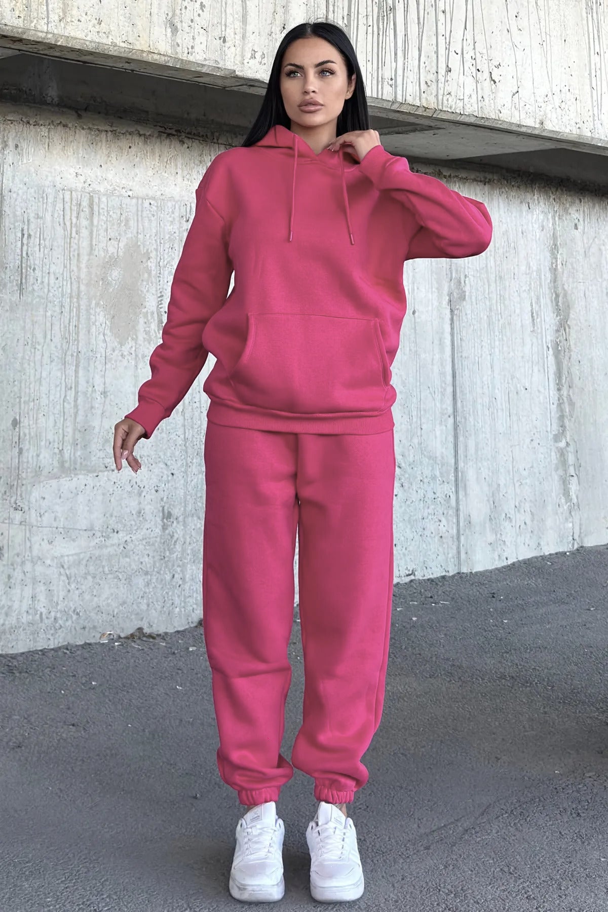 Kadın Oversize 3 İ̇plik İ̇çi Şardonlu Paçası Lastikli Kapüşonlu Kangur Cep Kalın Eşofman Takımı - Mürdüm - 3