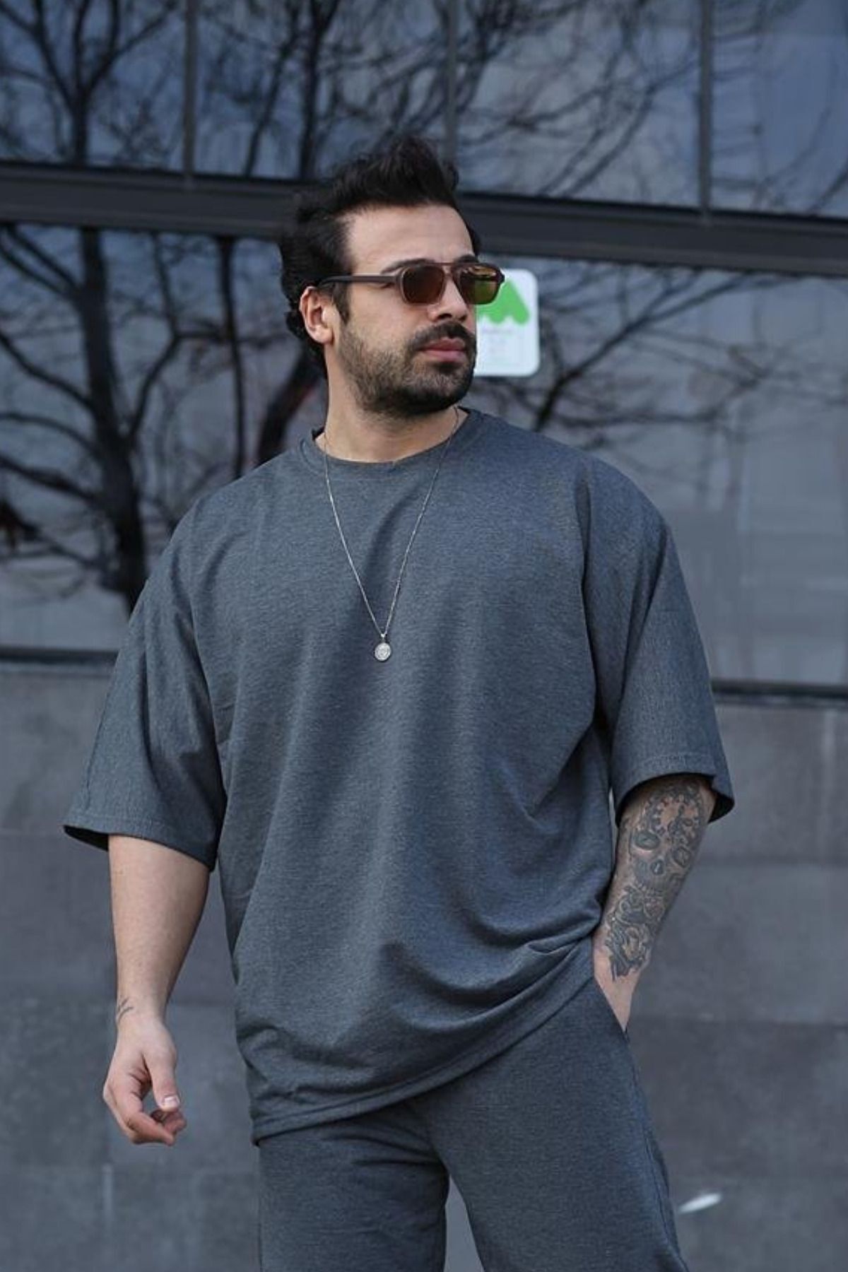 Erkek Oversize Pamuklu Nefes Alan T-shirt - Füme - 4
