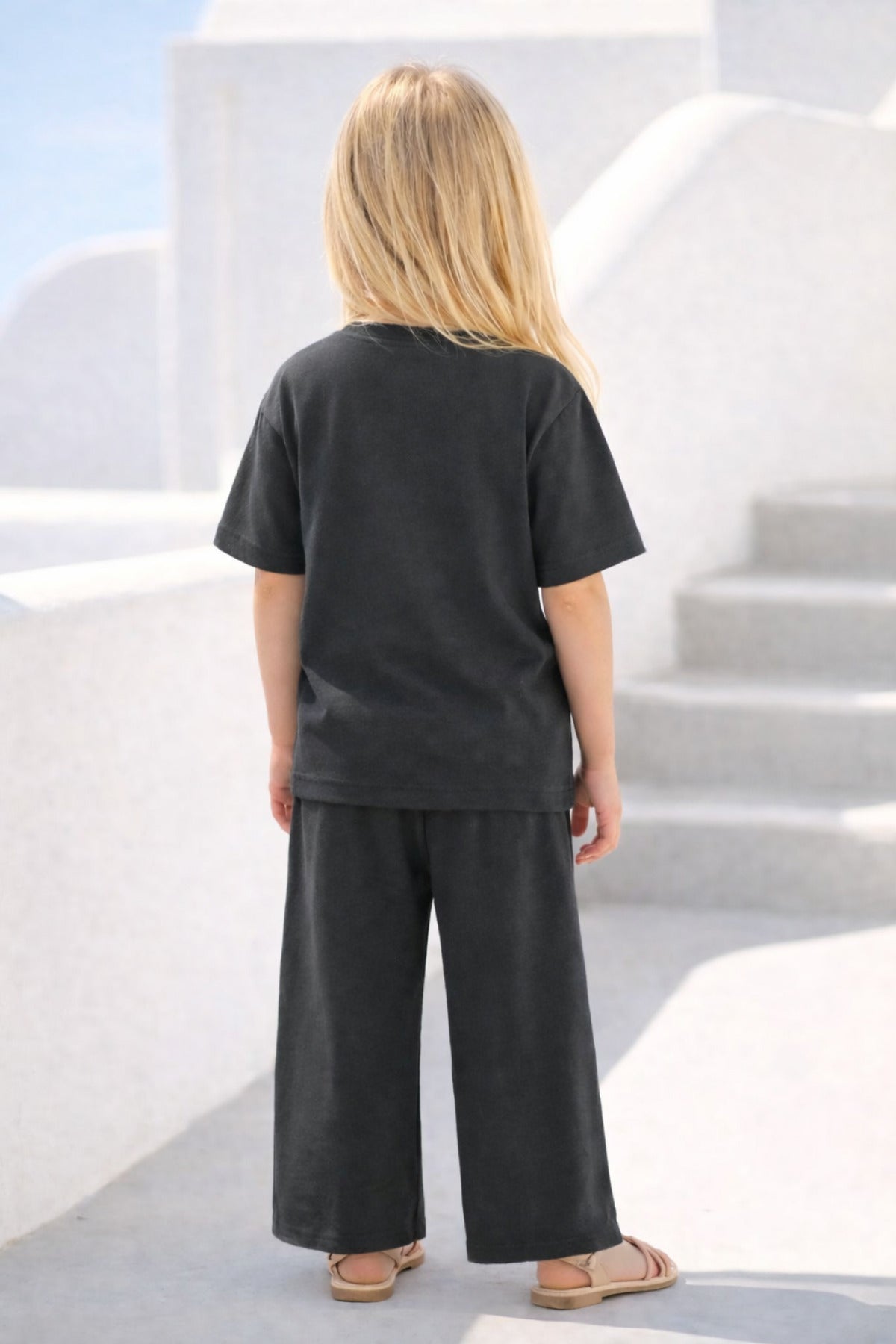 Çocuk Kisa Kollu Bisiklet Yaka Beli̇ Bağcikli Oversize Rahat Kalip Alt-üst Takim - Füme - 4