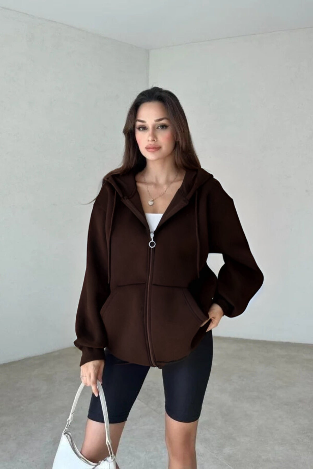 Kadın 3 İ̇plik Oversize Kapüşonlu Fermuarlı Hırka Sweatshirt - Kahverengi - 1