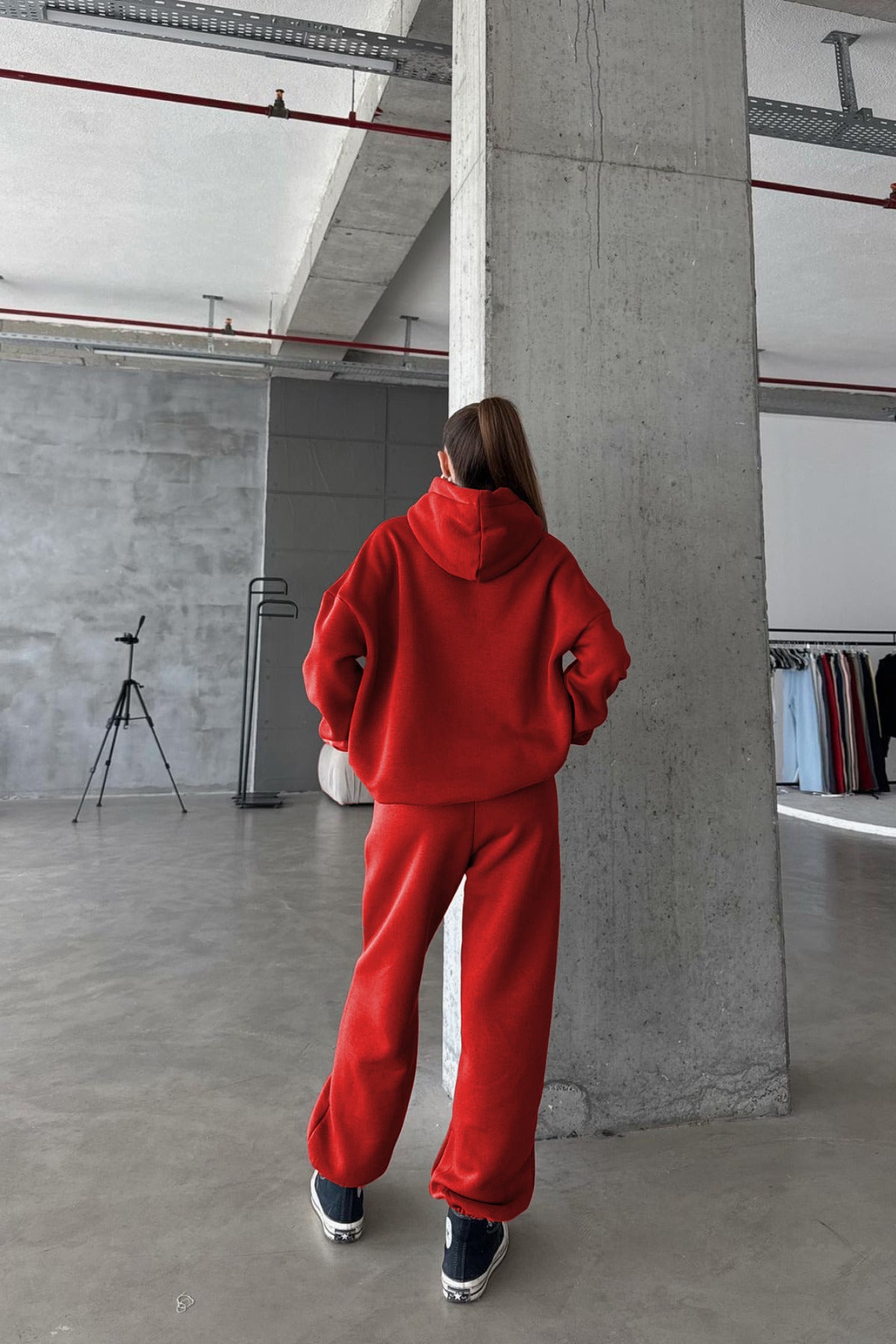 Kadın Paçası Lastikli Jogger Oversize Kışlık Eşofman Takımı - Kırmızı - 2