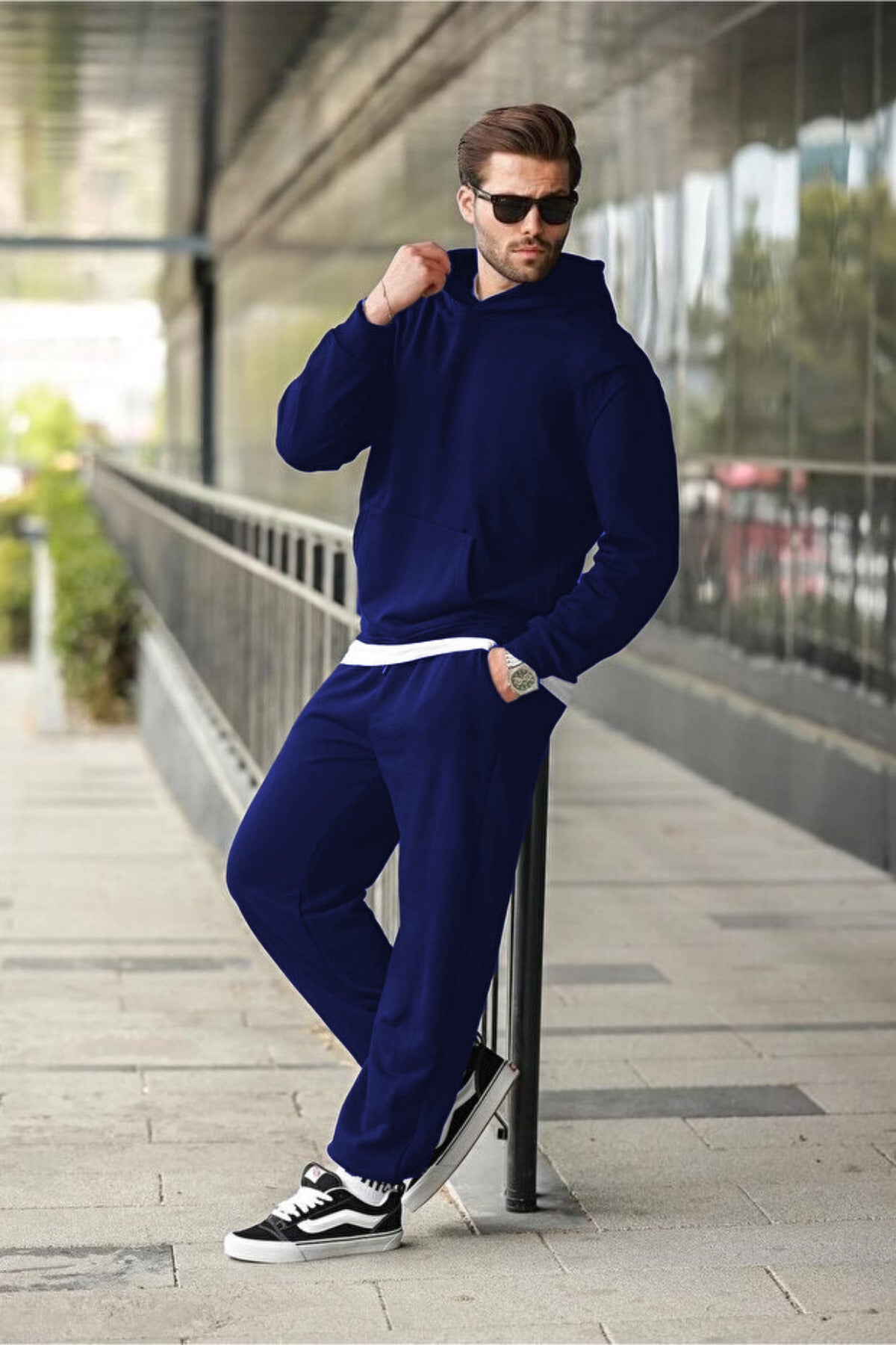 Erkek Hoodie Bol Paça Baggy Salaş Kapşonlu Rahat Kesim Eşofman Takımı - Lacivert - 1