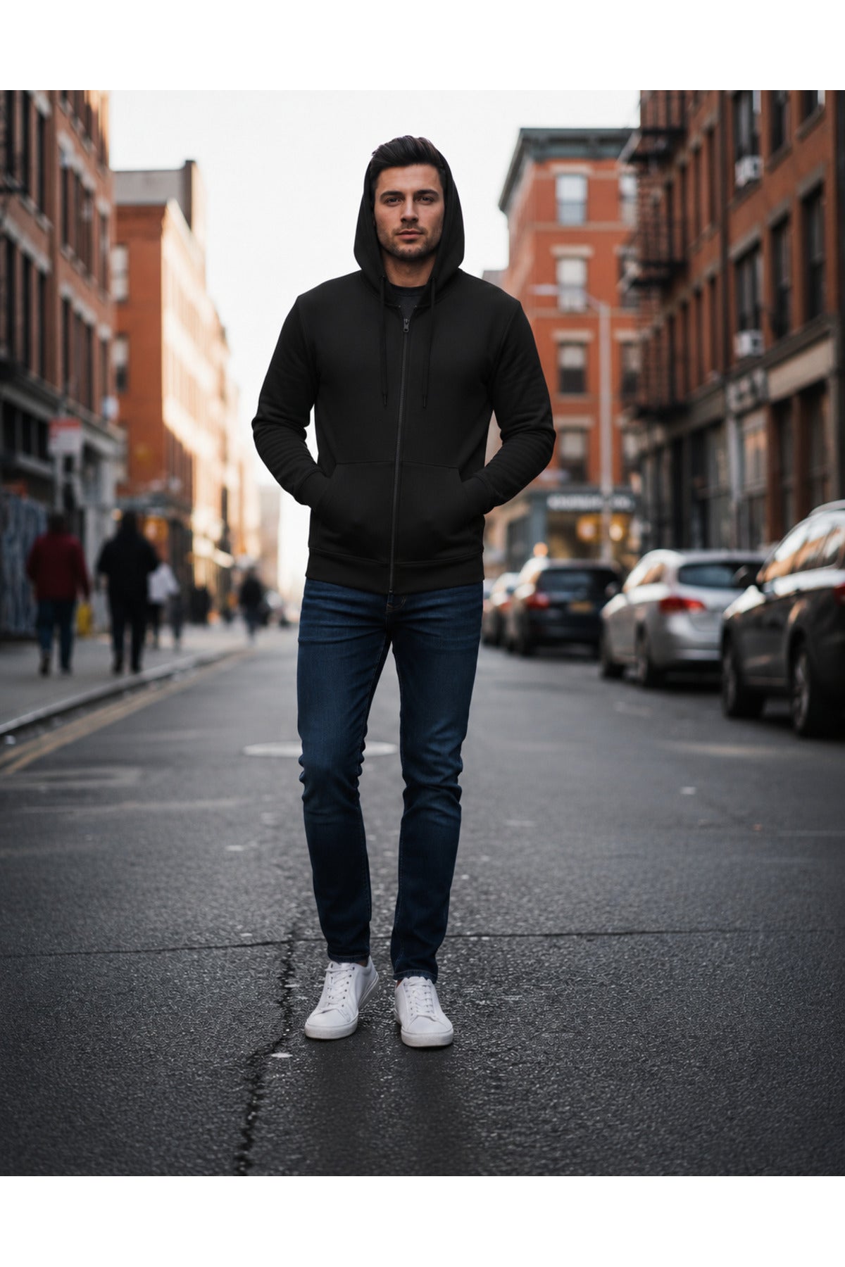 Erkek 3 İ̇pli̇k Şardonlu Oversi̇ze Fermuarli Sweatshirt Hirka - Siyah - 1