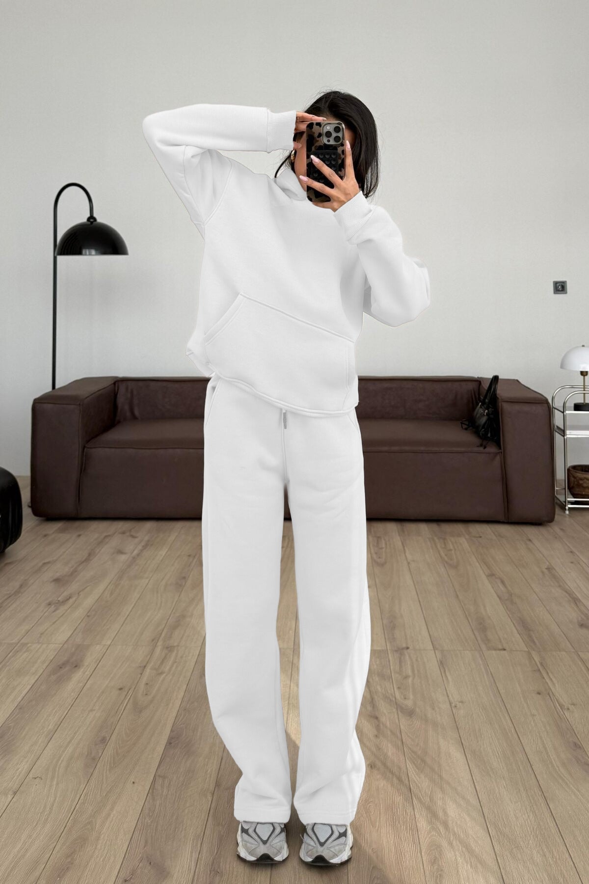 Kadın Boyfriend 3 İplik Şardonlu Bol Paça Oversize Casual Takım - Beyaz - 1