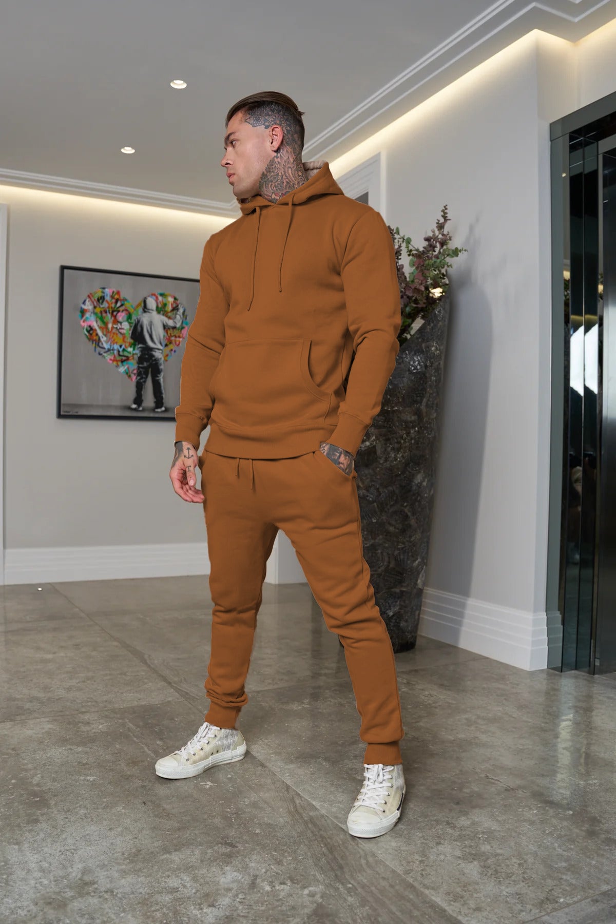 Erkek 3 İ̇plik İ̇çi Pamuklu Bol Basic Jogger Paçası Lastikli Eşofman Takımı - Kiremit - 2