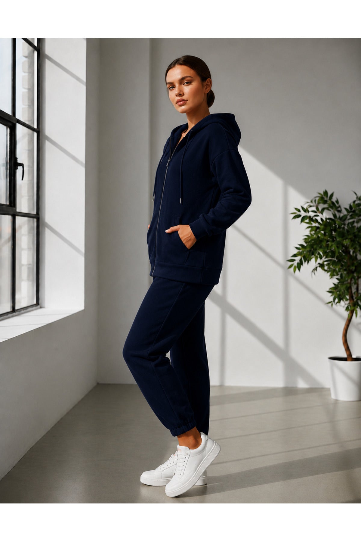 Kadin 3 İ̇pli̇ş Kapüşonlu Fermuarli Sweatshirt Hirka Yüksek Bel Jogger Eşofman Takimi - Lacivert - 3