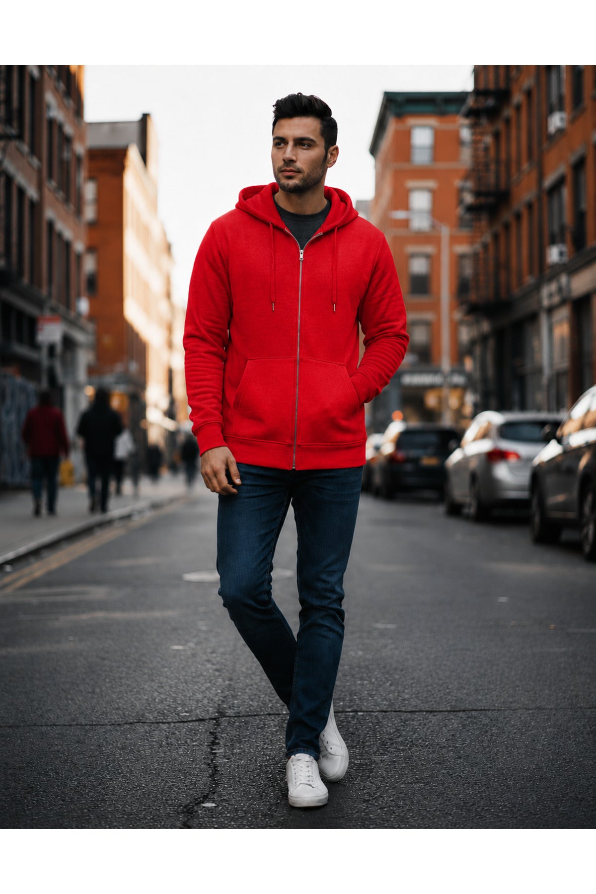 Erkek 3 İ̇pli̇k Şardonlu Oversi̇ze Fermuarli Sweatshirt Hirka - Kırmızı - 2